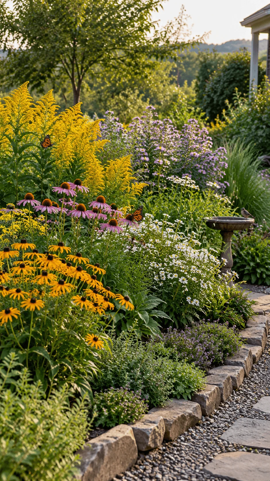 Eco friendly native flower garden with goldenrod purple coneflowers black eyed Susans white asters butterflies and a birdbath beside a natural stone path