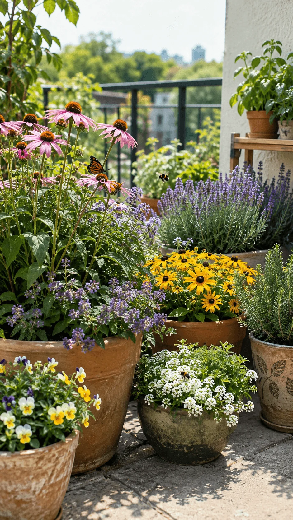 Eco friendly pollinator container garden with colorful flowers lavender coneflowers herbs butterflies and bees on a sunny balcony