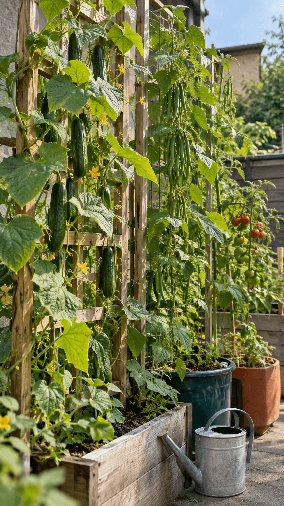 Eco friendly vertical vegetable garden with cucumbers, climbing beans, tomatoes, wooden trellises, raised planters, and a metal watering can