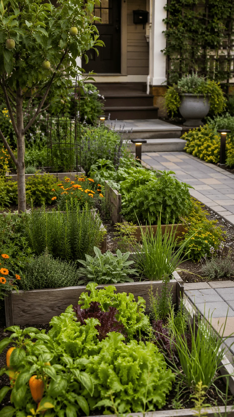 Edible front garden with raised wooden beds filled with lettuce herbs peppers flowering plants and a small fruit tree beside a paved walkway