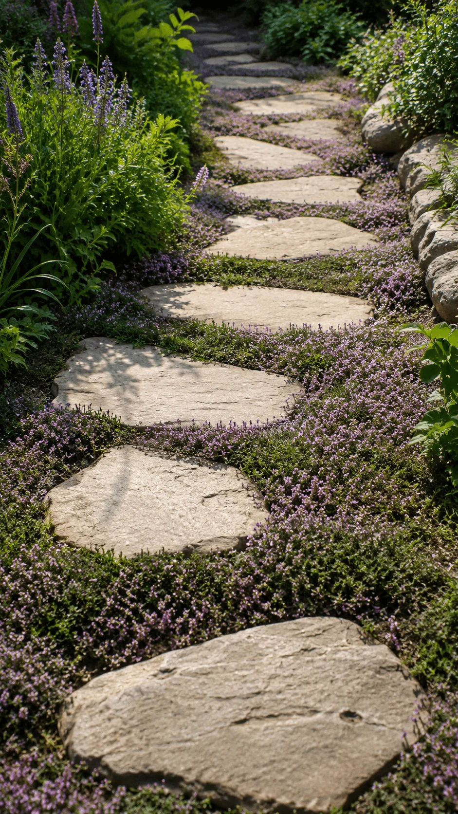 Creeping thyme ground cover with tiny purple flowers growing between natural stone stepping stones along a lush garden pathway
