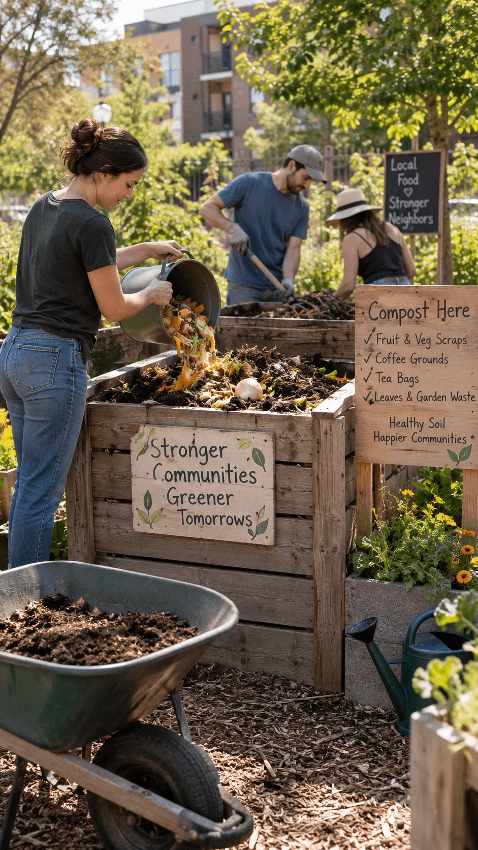 Decentralized community composting area with residents adding food scraps and garden waste to shared wooden compost bins in a neighborhood garden