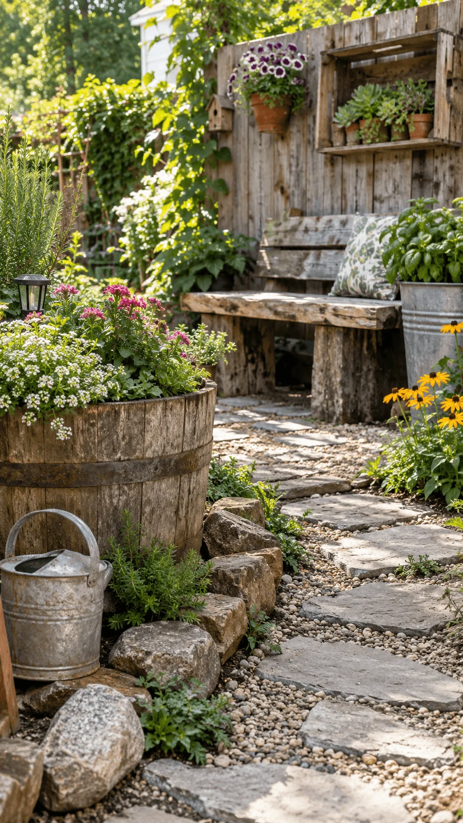 Sustainable garden decorated with reclaimed wood planters, rustic bench, natural stone path, metal watering can, flowering plants and repurposed outdoor materials