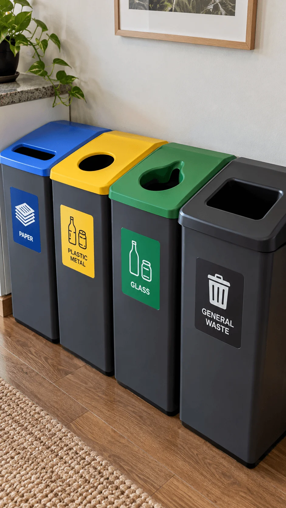 Waste sorting bins with different shaped openings and clear labels for paper plastic metal glass and general waste to help prevent recycling contamination