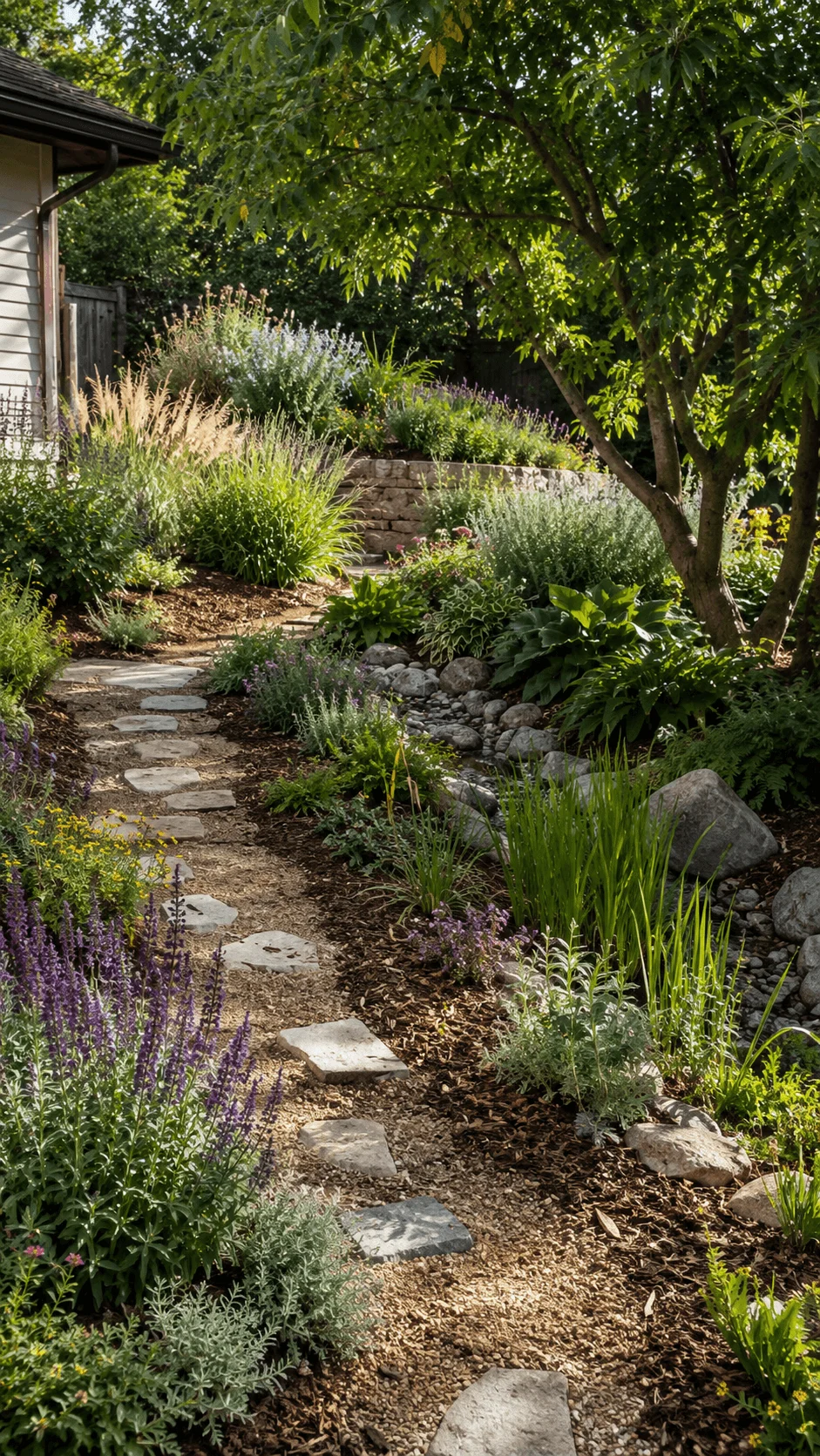 Climate resilient garden with drought tolerant plants stone pathway native grasses and a shaded tree area