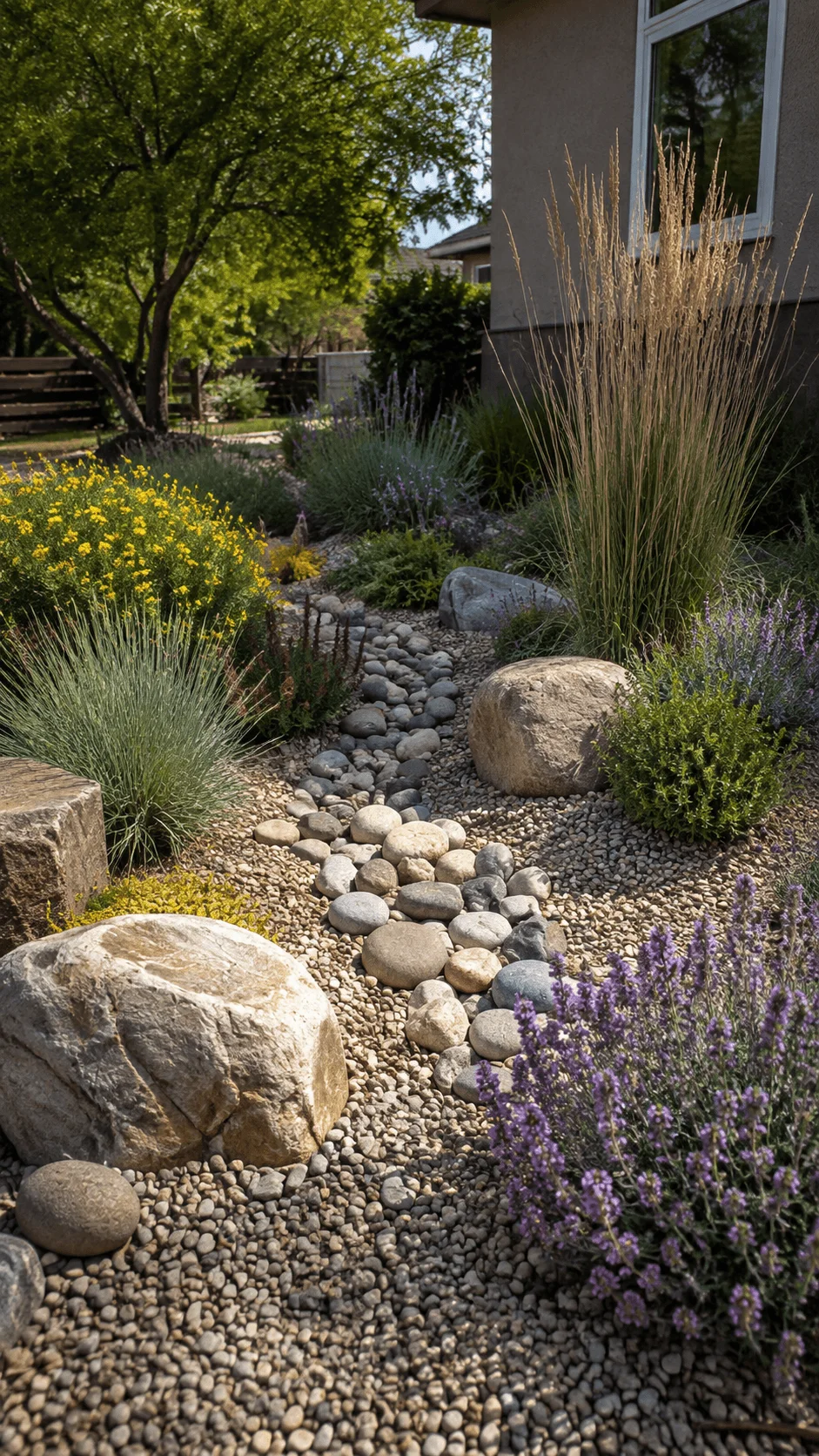 Drought tolerant gravel garden with ornamental grasses lavender yellow flowers natural stones and a dry creek bed