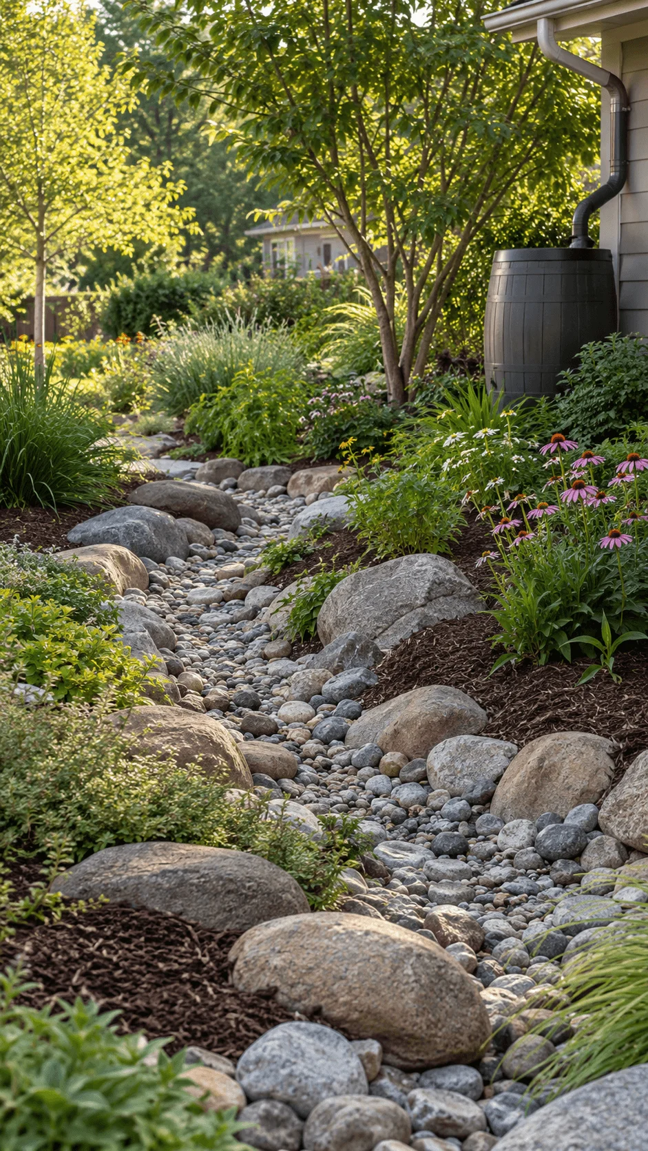 Dry creek and rainwater garden featuring smooth river stones large natural rocks native flowers ornamental grasses trees and a rain barrel beside the house