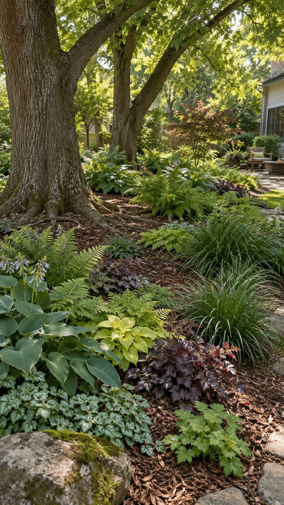 Dry shade garden beneath mature trees with hostas ferns ornamental grasses groundcovers exposed roots and natural mulch