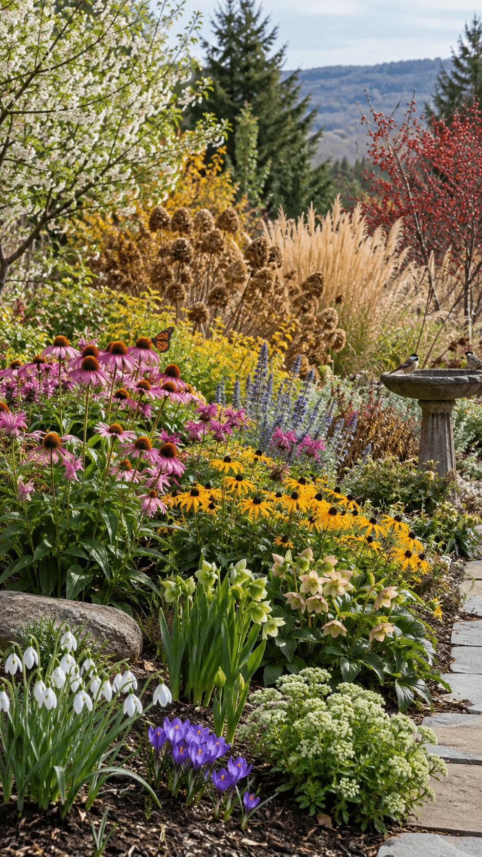 Four season pollinator friendly flower garden with pink coneflowers black eyed Susans purple blooms ornamental grasses spring flowers seed heads butterflies and birds near a stone birdbath
