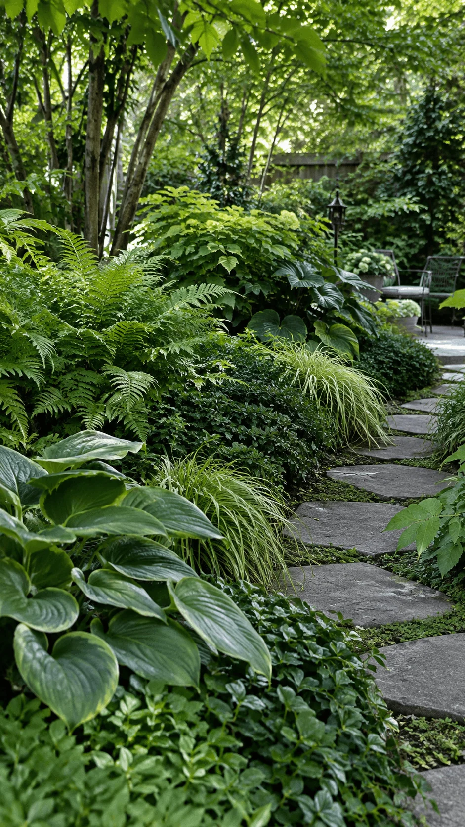 Green drenched foliage garden with lush ferns, hostas, ornamental grasses, dense groundcovers and a natural stone pathway through a shaded backyard