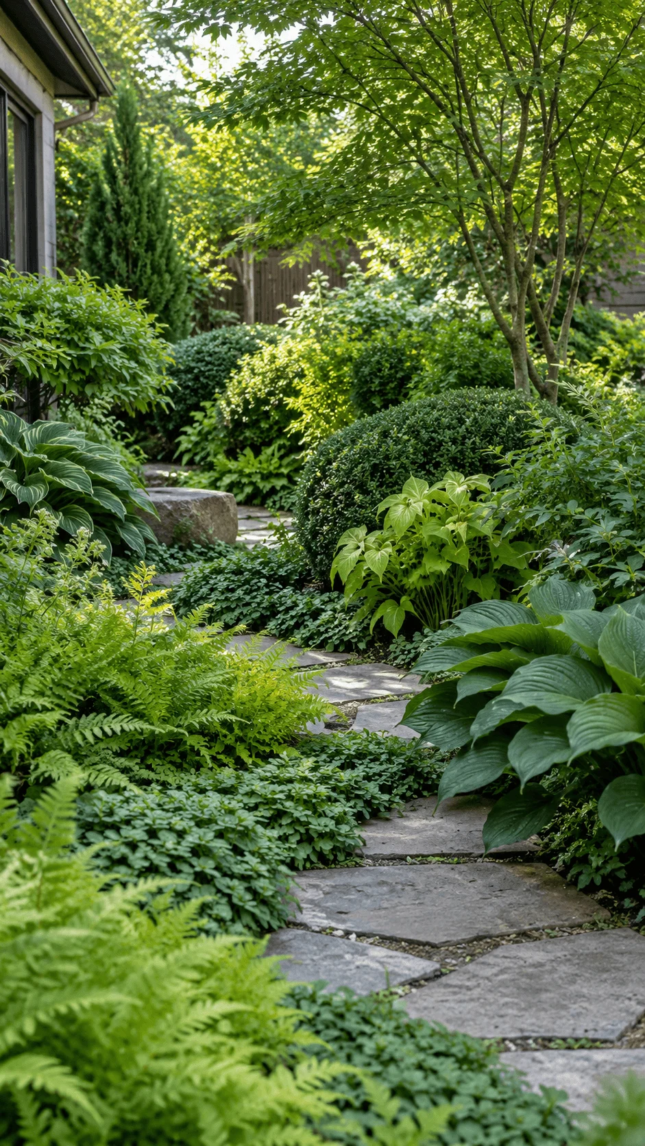 Green on green grass free garden with lush ferns hostas layered shrubs groundcovers mature trees and a natural stone pathway through dense foliage