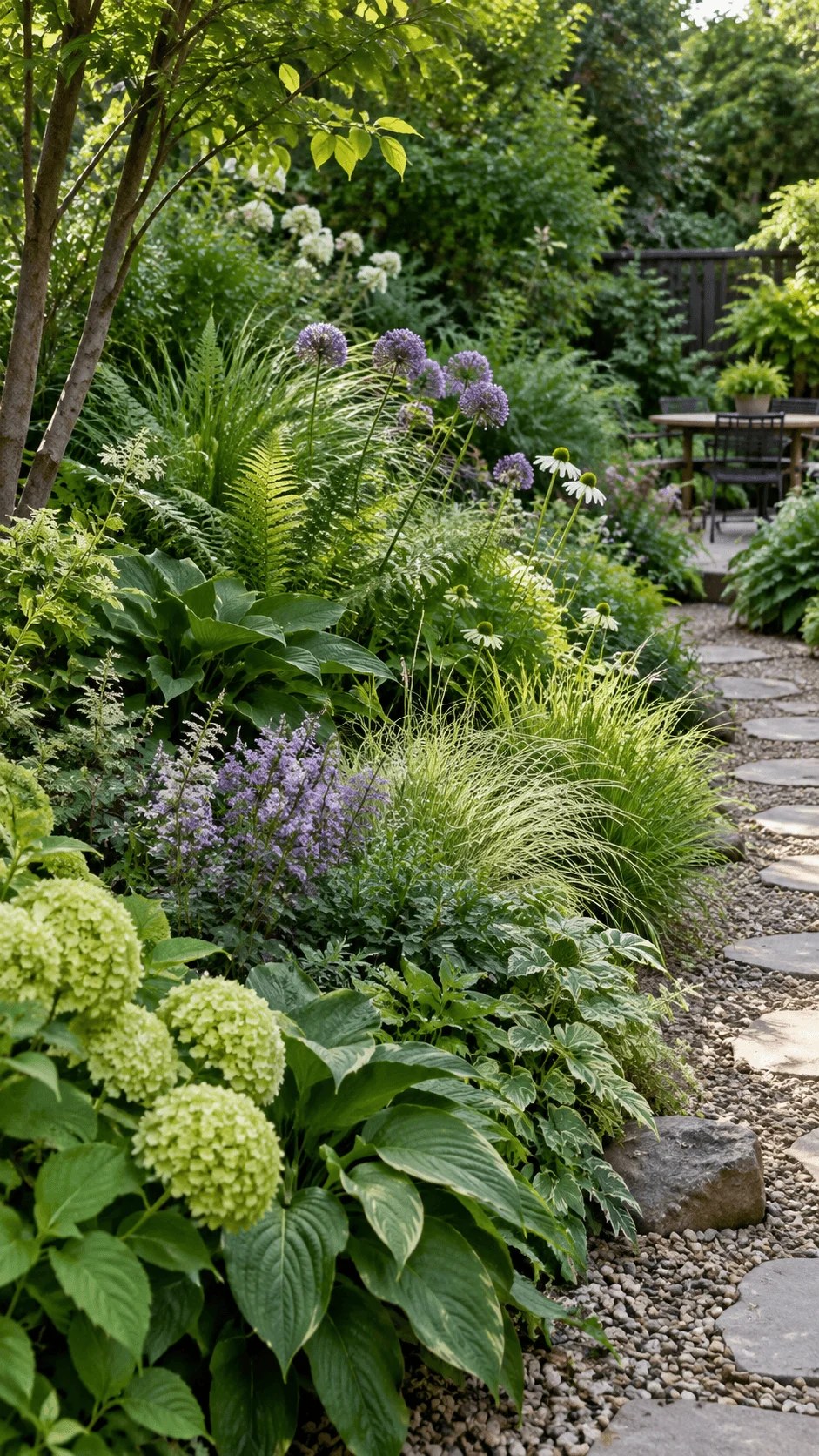 Green on green sustainable garden with layered hostas ferns ornamental grasses purple alliums white coneflowers soft purple blooms and a natural gravel stepping stone path