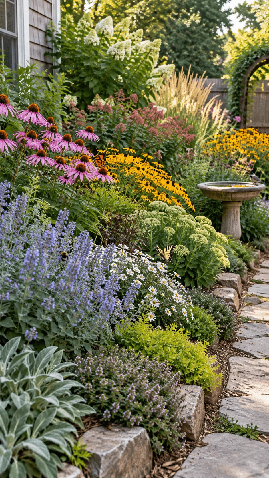 Keystone plant garden filled with native flowering plants, ornamental grasses, butterflies, bees, stone edging and a birdbath supporting backyard biodiversity