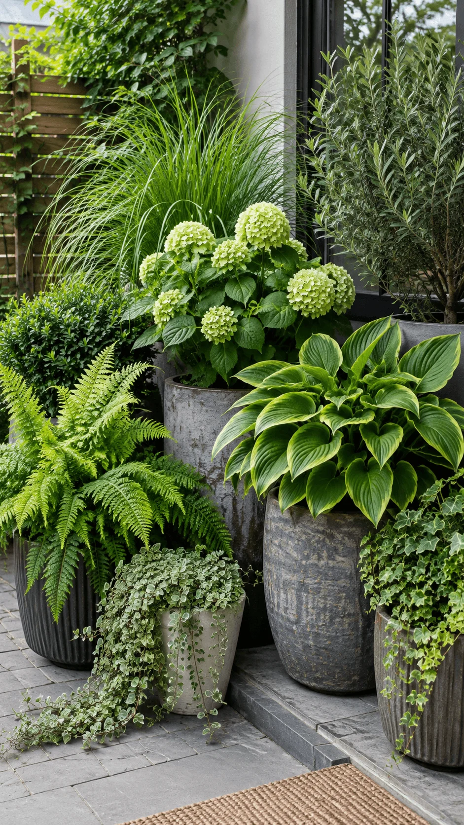 Low maintenance green container garden with ferns hostas hydrangeas ornamental grasses evergreen shrubs and trailing foliage in modern pots