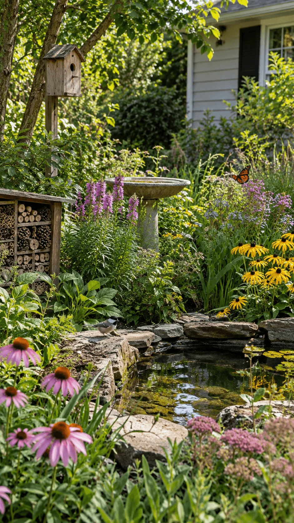 Low maintenance wildlife garden with native flowers, small pond, birdhouse, birdbath, insect hotel, butterflies, birds, and dense wildlife friendly planting
