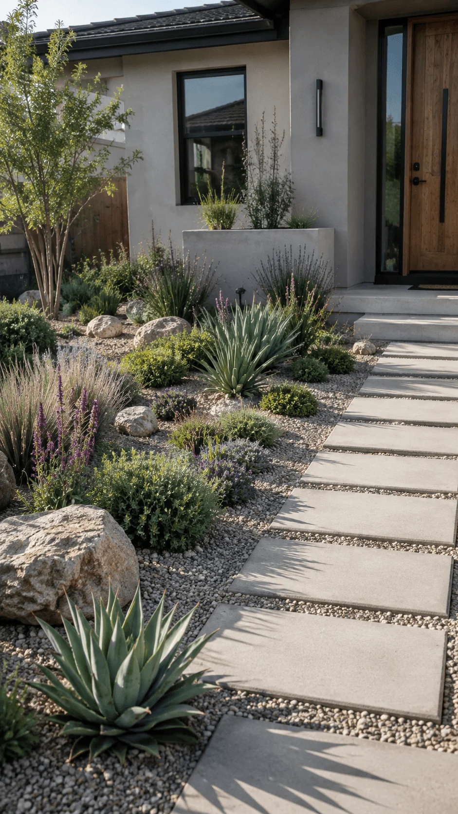 Modern xeriscape front garden with drought tolerant plants gravel landscaping natural rocks and a clean stepping stone pathway leading to the house entrance