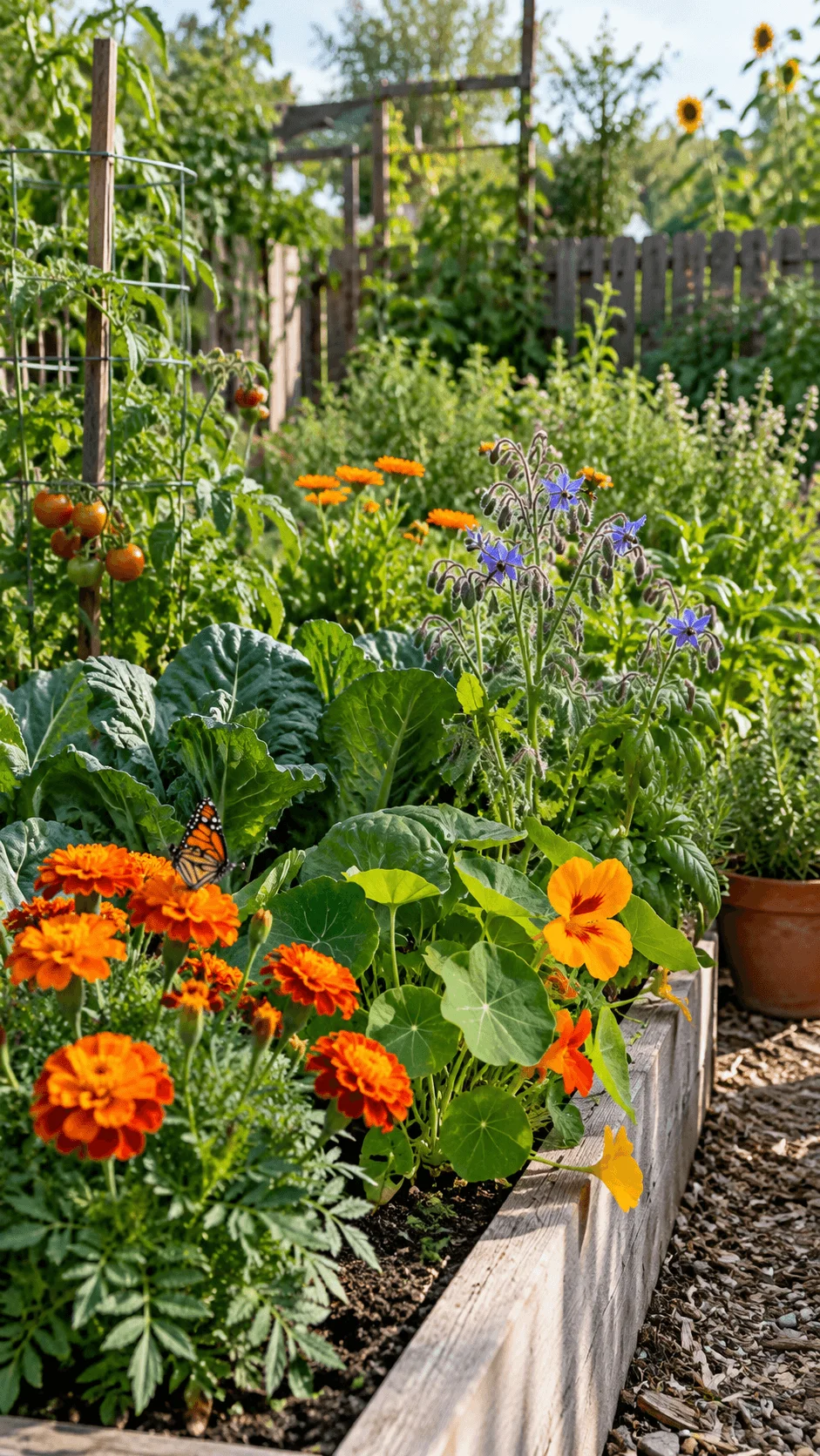 Pollinator friendly vegetable garden with tomatoes, leafy greens, marigolds, nasturtiums, borage, herbs, sunflowers, and a butterfly among colorful flowers