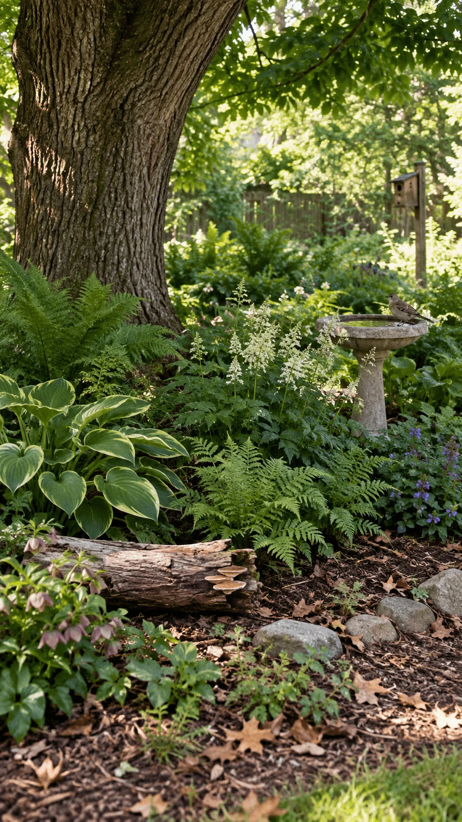 Wildlife friendly garden beneath a mature tree with hostas ferns flowering shade plants birdbath birdhouse fallen log and natural woodland habitat
