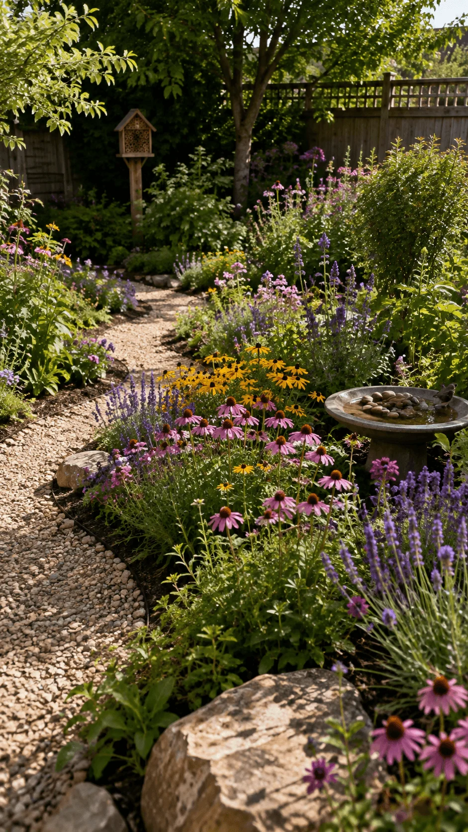 Eco friendly pollinator garden with colorful native flowers gravel path birdbath insect hotel and lush backyard planting
