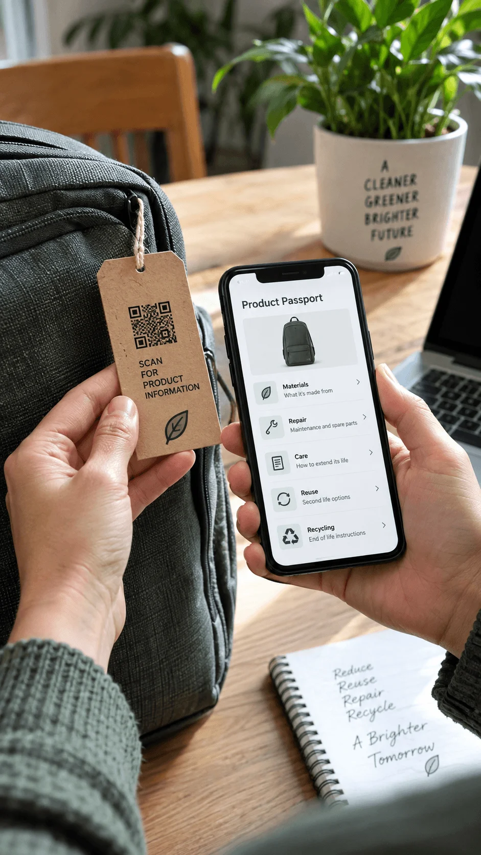Digital product passport shown on a smartphone after scanning a QR code on a backpack with information about materials repair care reuse and recycling