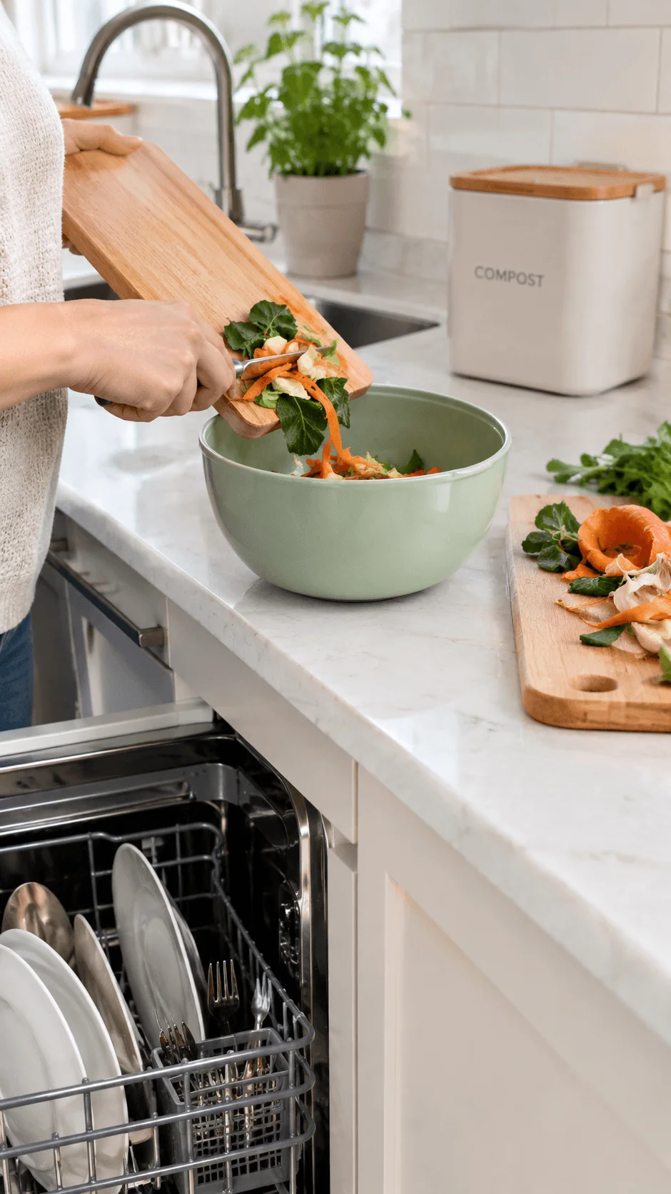 Dishwasher safe reusable food scrap bowl for collecting vegetable peels and kitchen waste during meal preparation