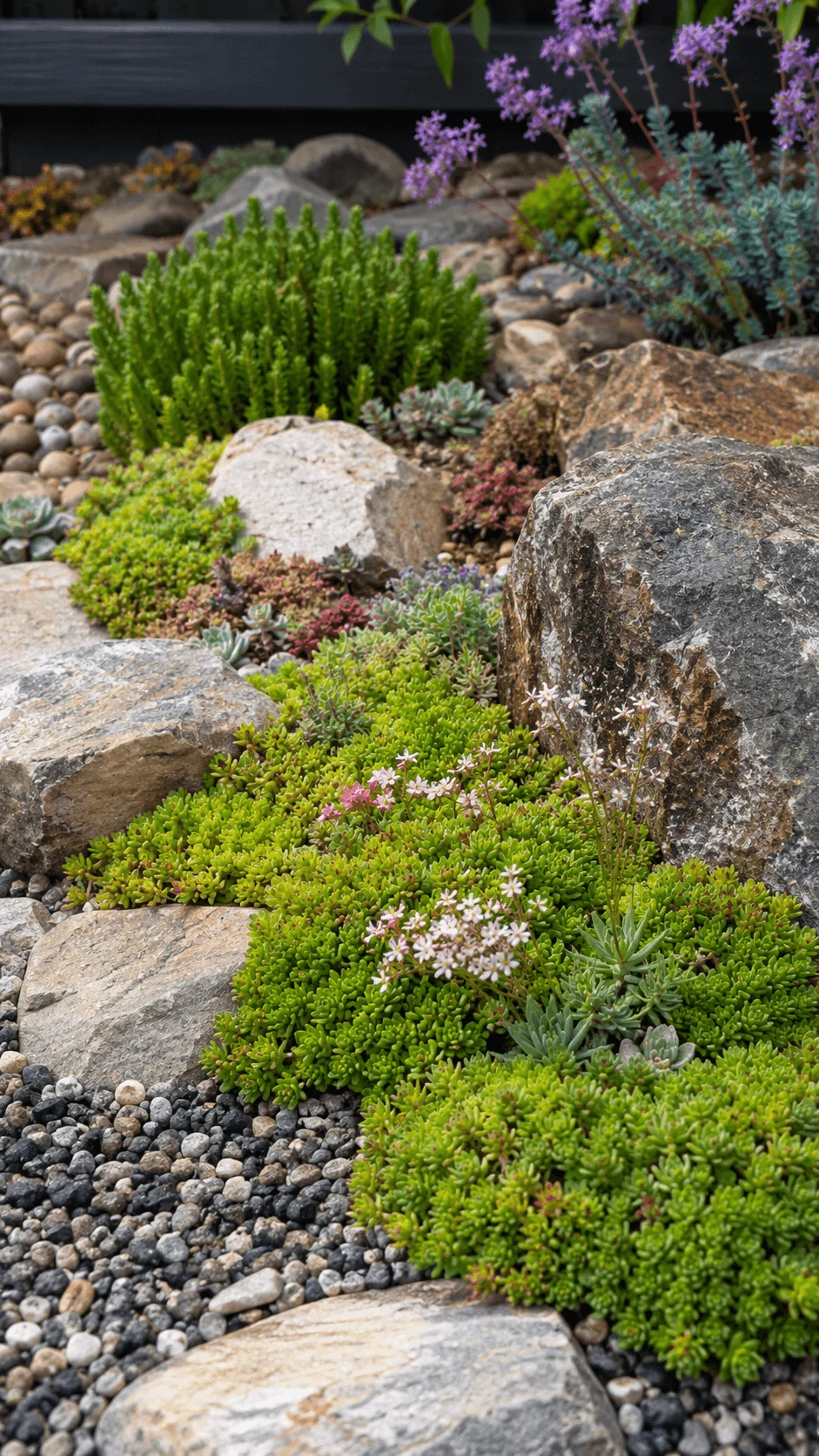 Drought tolerant sedum ground cover with colorful succulents flowering plants gravel and natural rocks in a low water garden