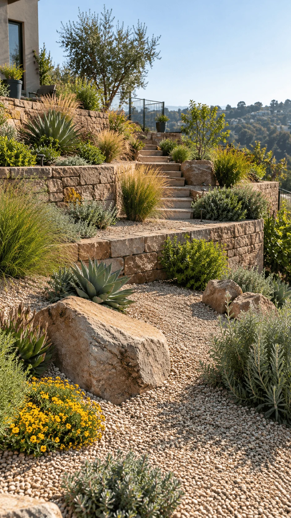 Drought tolerant terraced garden with gravel, natural stone retaining walls, large rocks, agave, ornamental grasses, drought resistant shrubs, small trees, and stone steps on a sunny slope