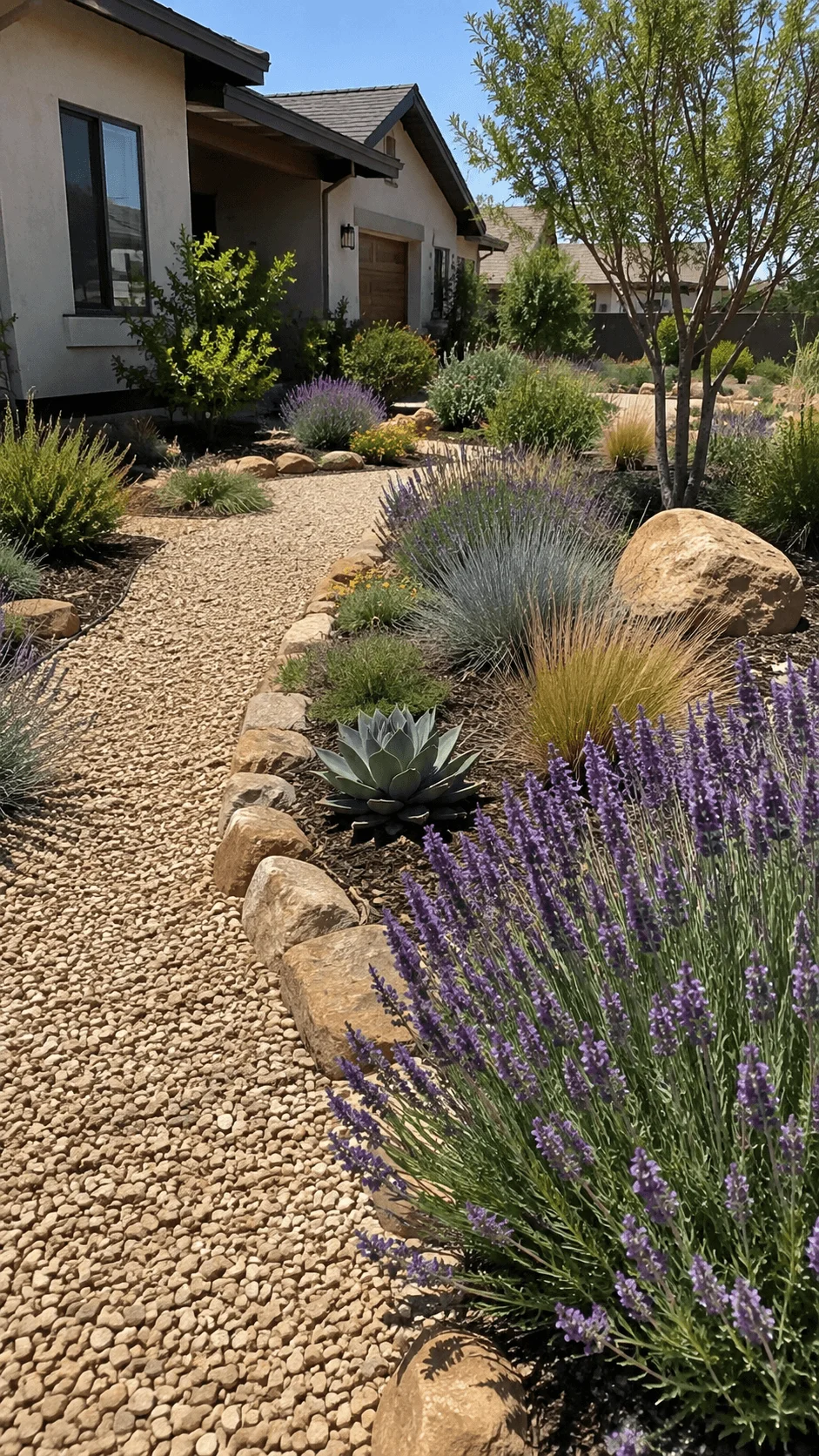 Drought tolerant xeriscape front yard with lavender ornamental grasses succulents natural rocks and gravel pathway