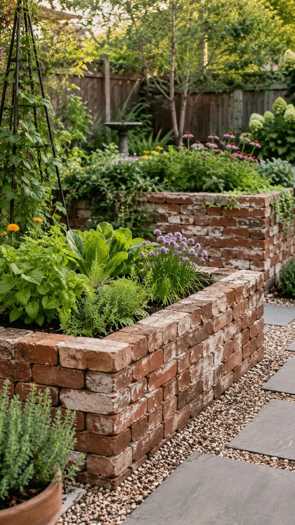 Dry stacked reclaimed brick raised beds filled with fresh herbs leafy vegetables and colorful flowers in a lush sustainable garden