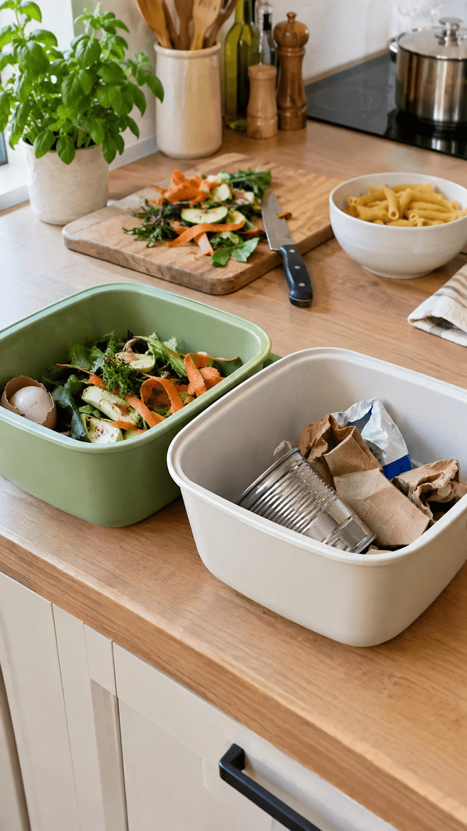 Dual bowl kitchen waste sorting station with separate containers for food scraps and recyclable materials