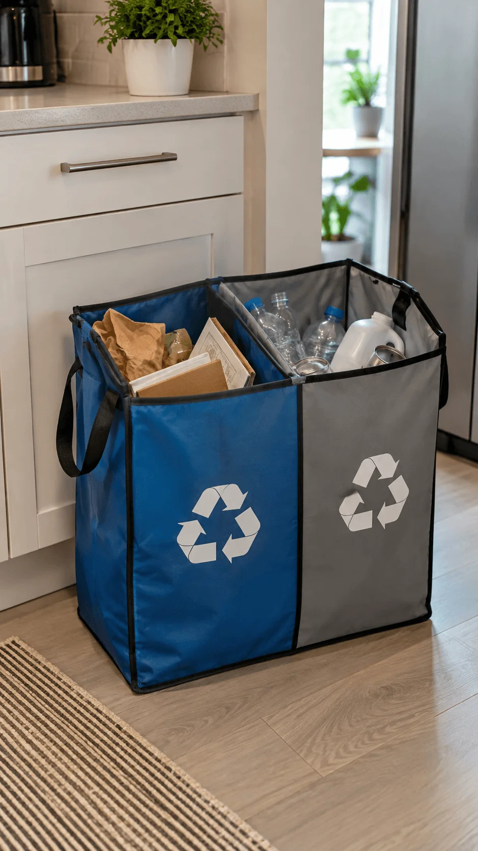 Dual compartment reusable recycling bag separating paper cardboard plastic bottles and containers in a compact modern kitchen