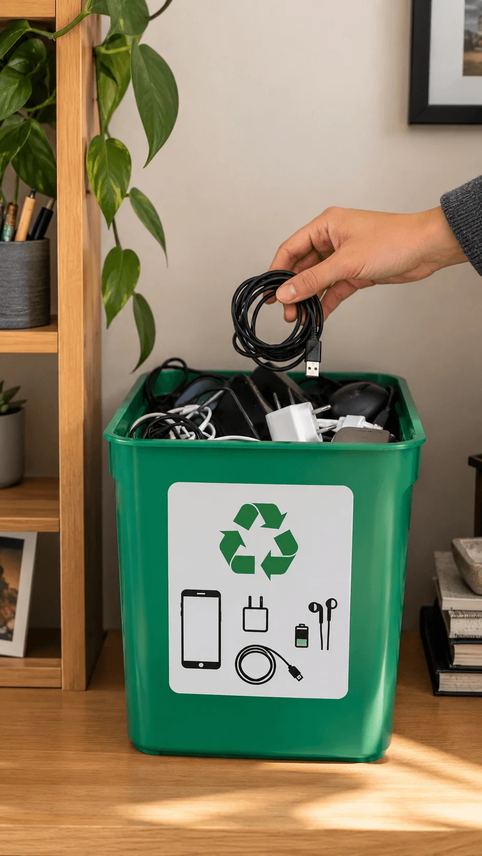 E waste segregation box filled with cables chargers adapters and small electronic accessories while a person places a USB cable into the recycling container