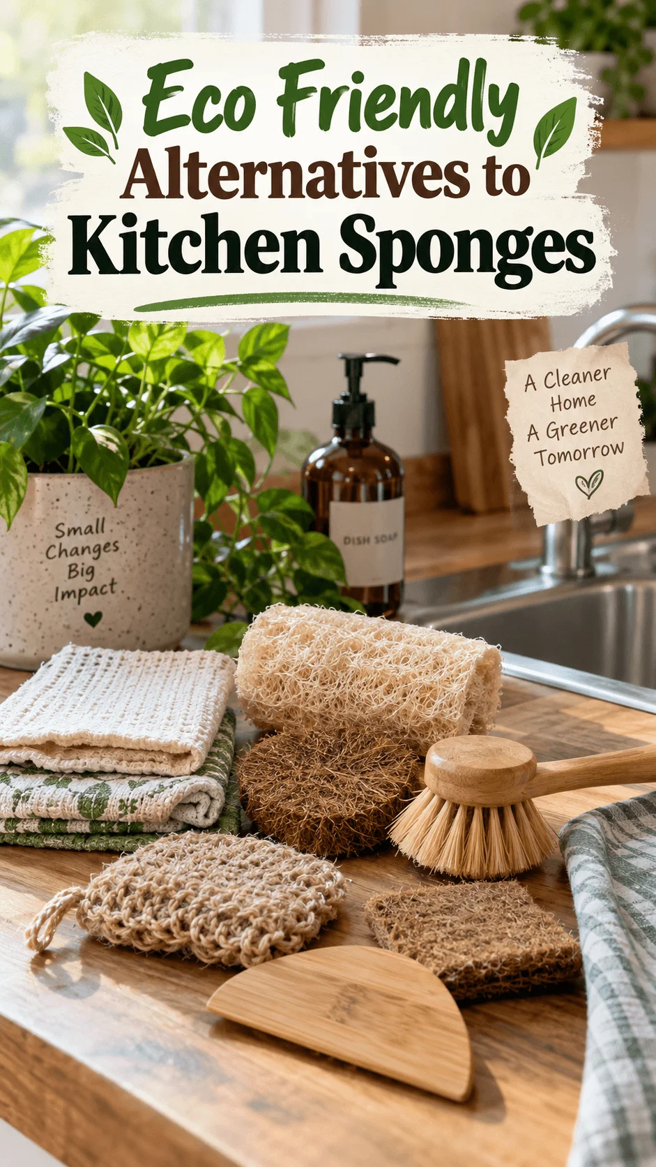 Eco friendly kitchen sponge alternatives including loofah, coconut coir scrubbers, reusable cloths, wooden dish brush and bamboo scraper arranged beside a kitchen sink.
