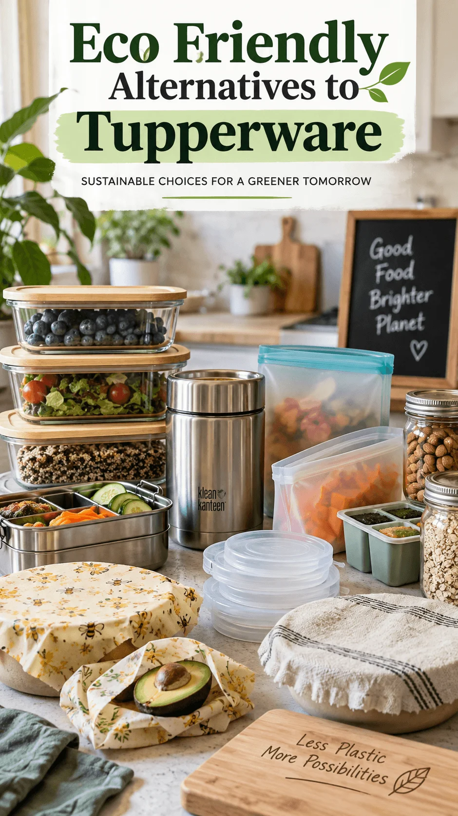 Eco friendly alternatives to Tupperware including glass containers stainless steel food storage reusable silicone bags beeswax wraps fabric bowl covers and glass jars in a sustainable kitchen