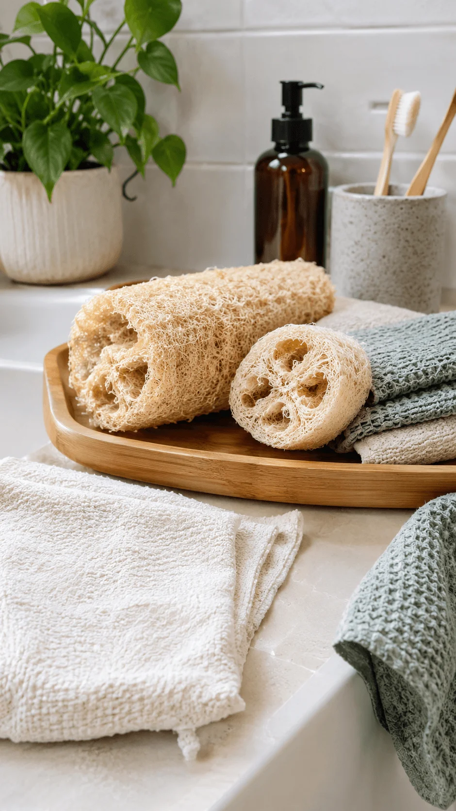 Eco friendly bathroom setup with natural loofah shower puffs, reusable towels, bamboo tray, bamboo toothbrushes and a refillable soap dispenser