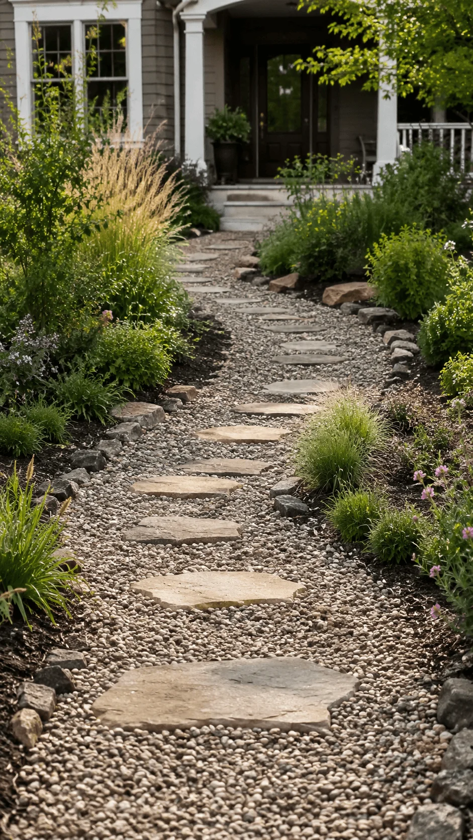 Eco friendly front yard pathway with natural stone stepping stones gravel drainage and lush low maintenance plants