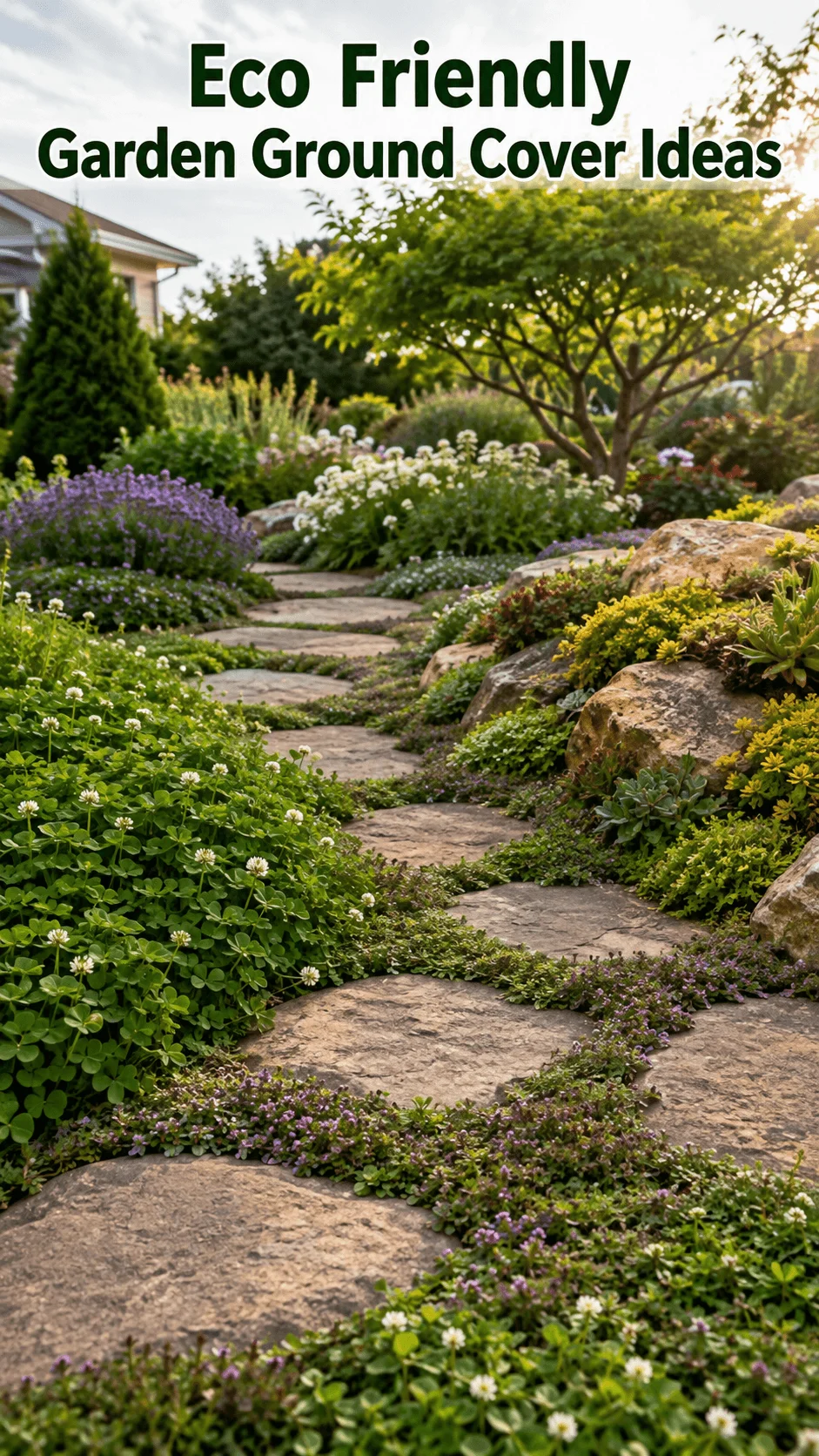 Eco friendly garden ground cover with clover creeping flowers and natural stone pathway surrounded by lush sustainable landscaping
