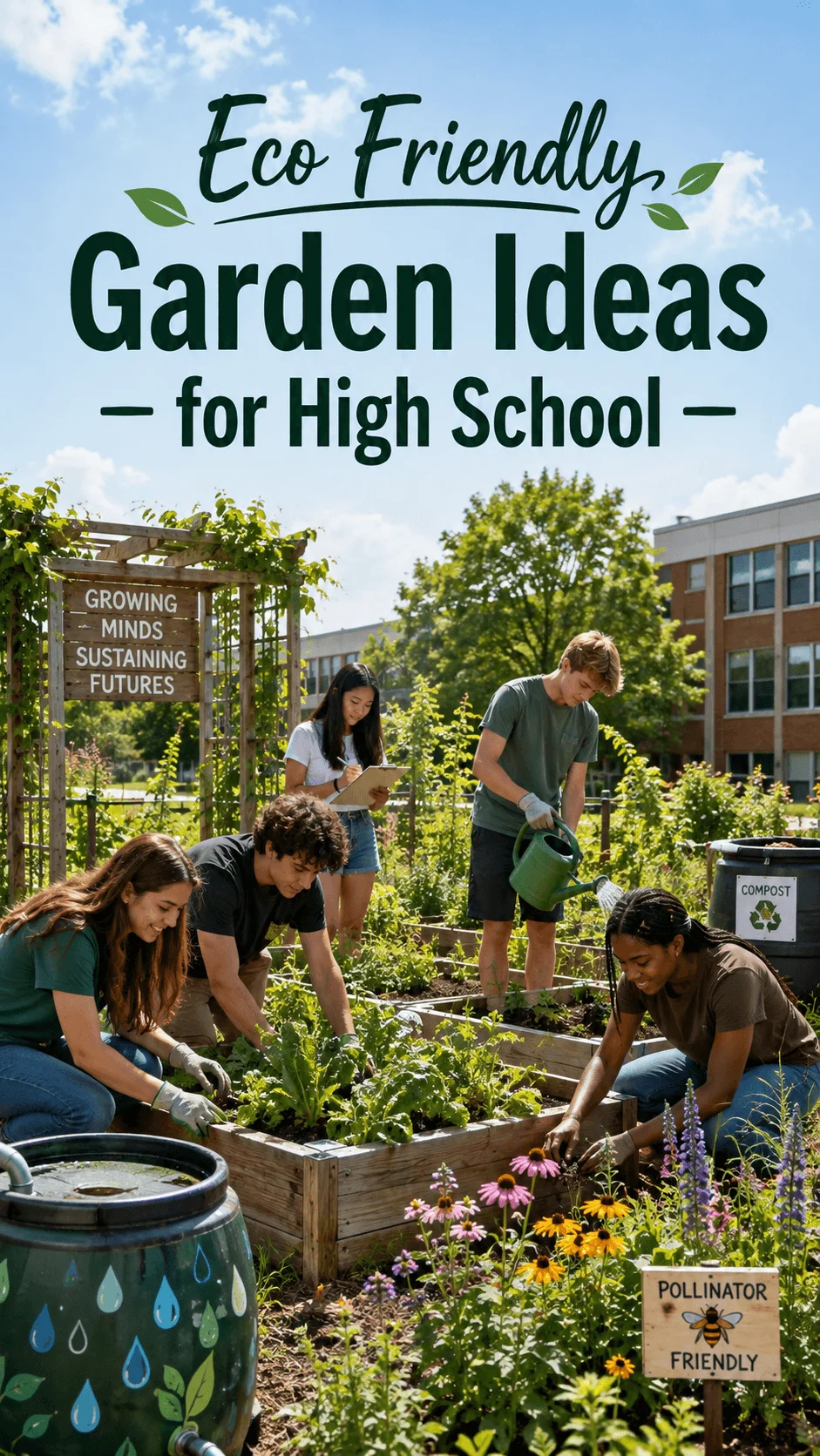 High school students working together in an eco friendly school garden with raised beds composting rainwater collection and pollinator friendly flowers
