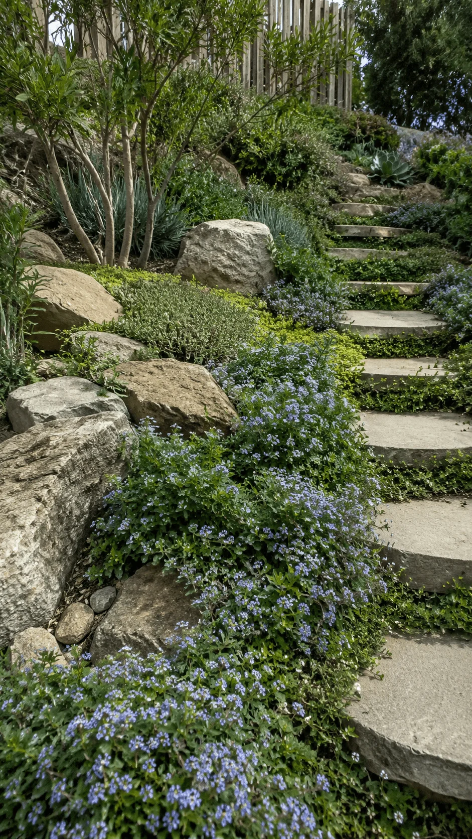Eco friendly ground cover with small blue flowers growing across a landscaped slope beside natural rocks and stone steps