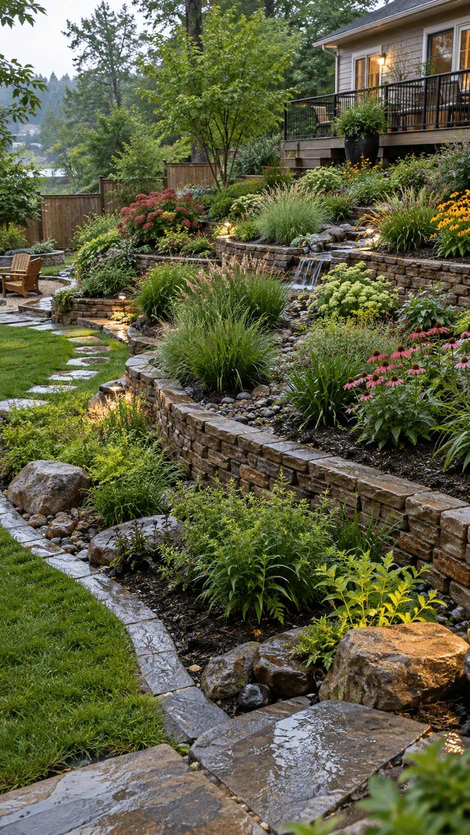Eco friendly sloped backyard with terraced rain gardens, natural stone retaining walls, native flowers, ornamental grasses, rocks, cascading rainwater channels, and lush layered planting