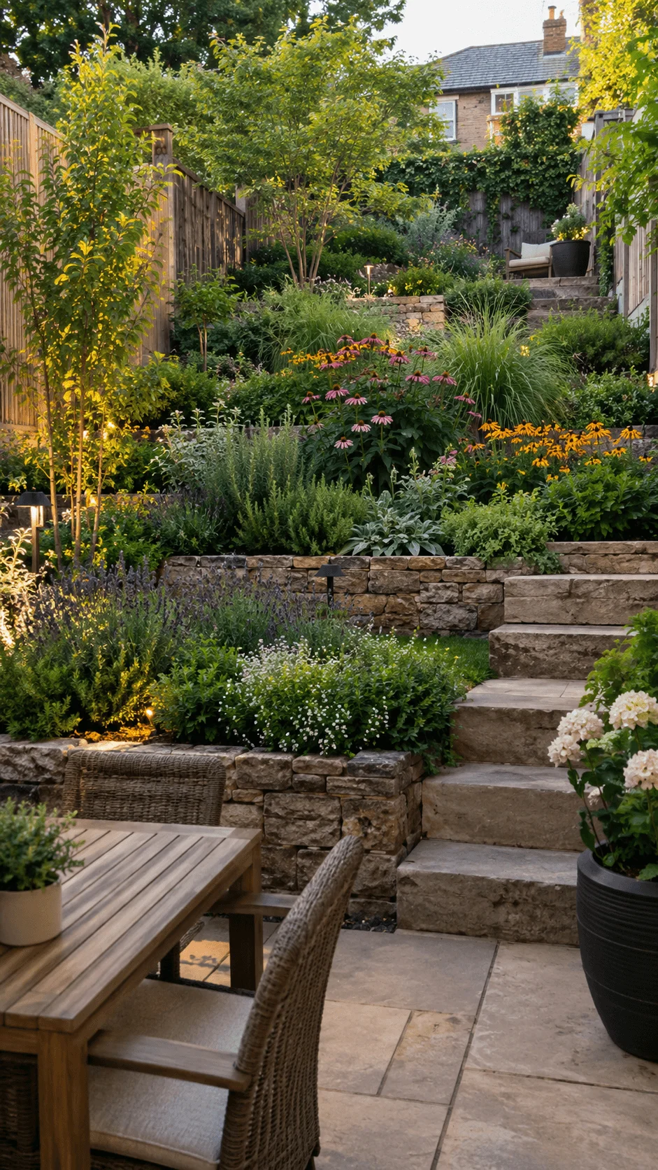 Eco friendly terraced backyard with climate resilient planting, natural stone retaining walls, layered native flowers, ornamental grasses, small trees, garden steps, and a cozy outdoor dining area