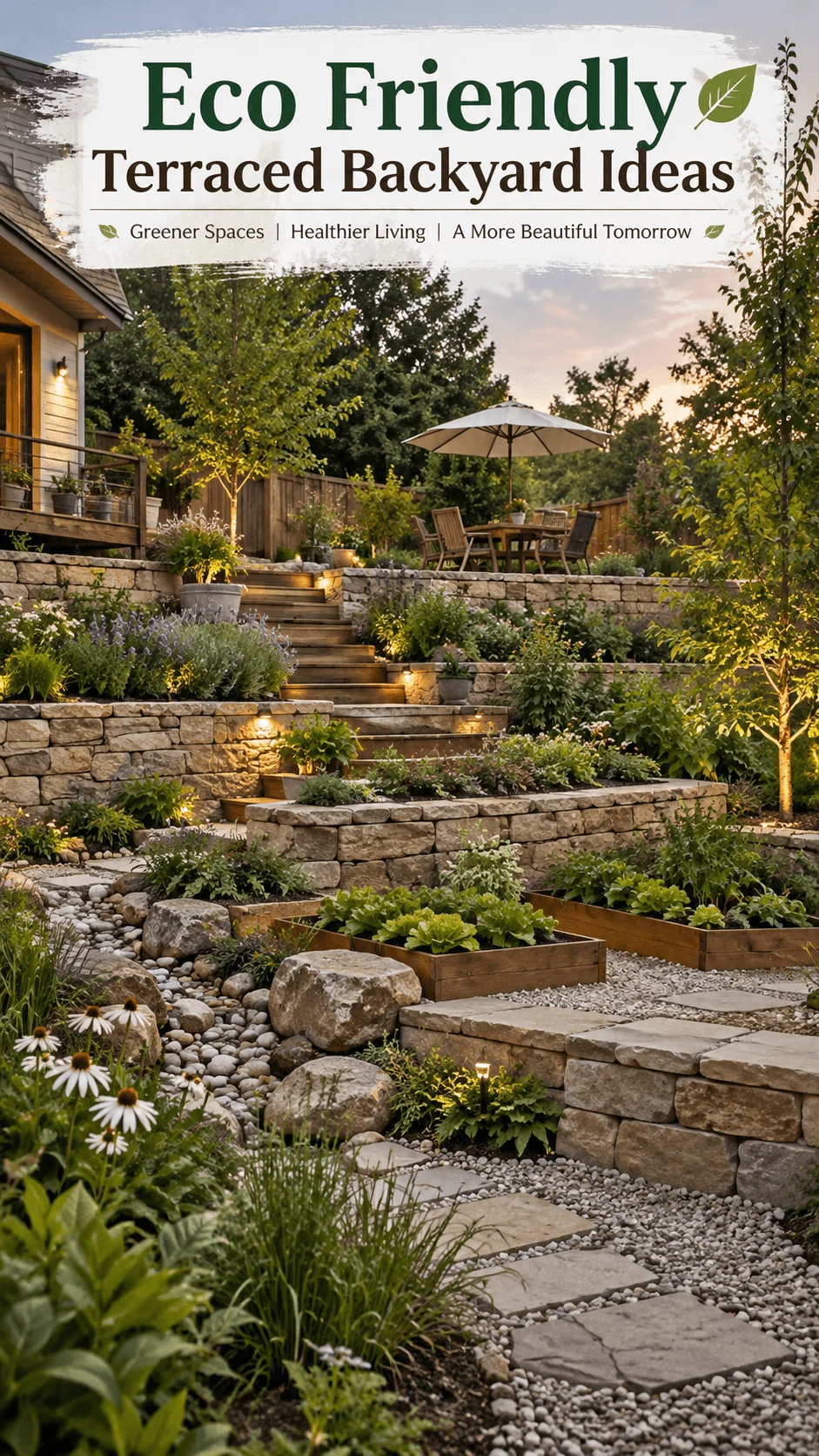 Eco friendly terraced backyard with natural stone retaining walls, lush layered planting, raised vegetable beds, gravel pathways, native flowers, outdoor dining area, trees, and warm garden lighting