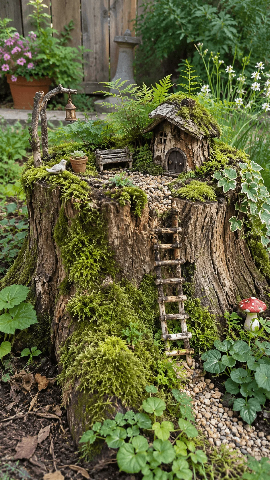 Eco friendly tree stump fairy garden with moss miniature wooden house ladder pebble path and natural woodland plants