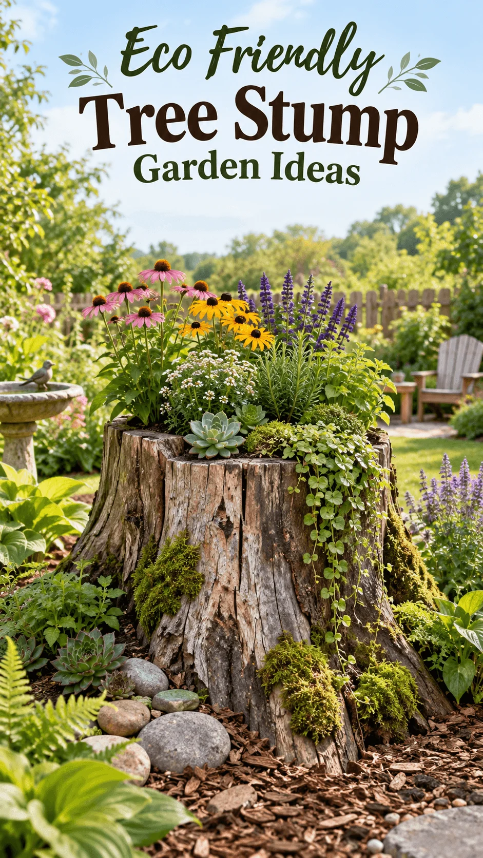 Eco friendly tree stump garden filled with colorful flowers succulents moss and trailing plants in a sunny backyard landscape