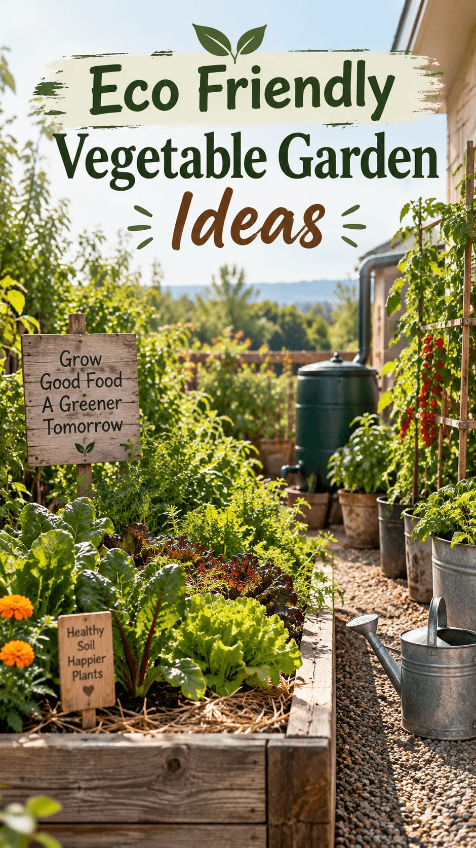 Eco friendly vegetable garden with raised beds, leafy greens, tomato plants, marigolds, rain barrel, watering can, and sustainable gardening signs