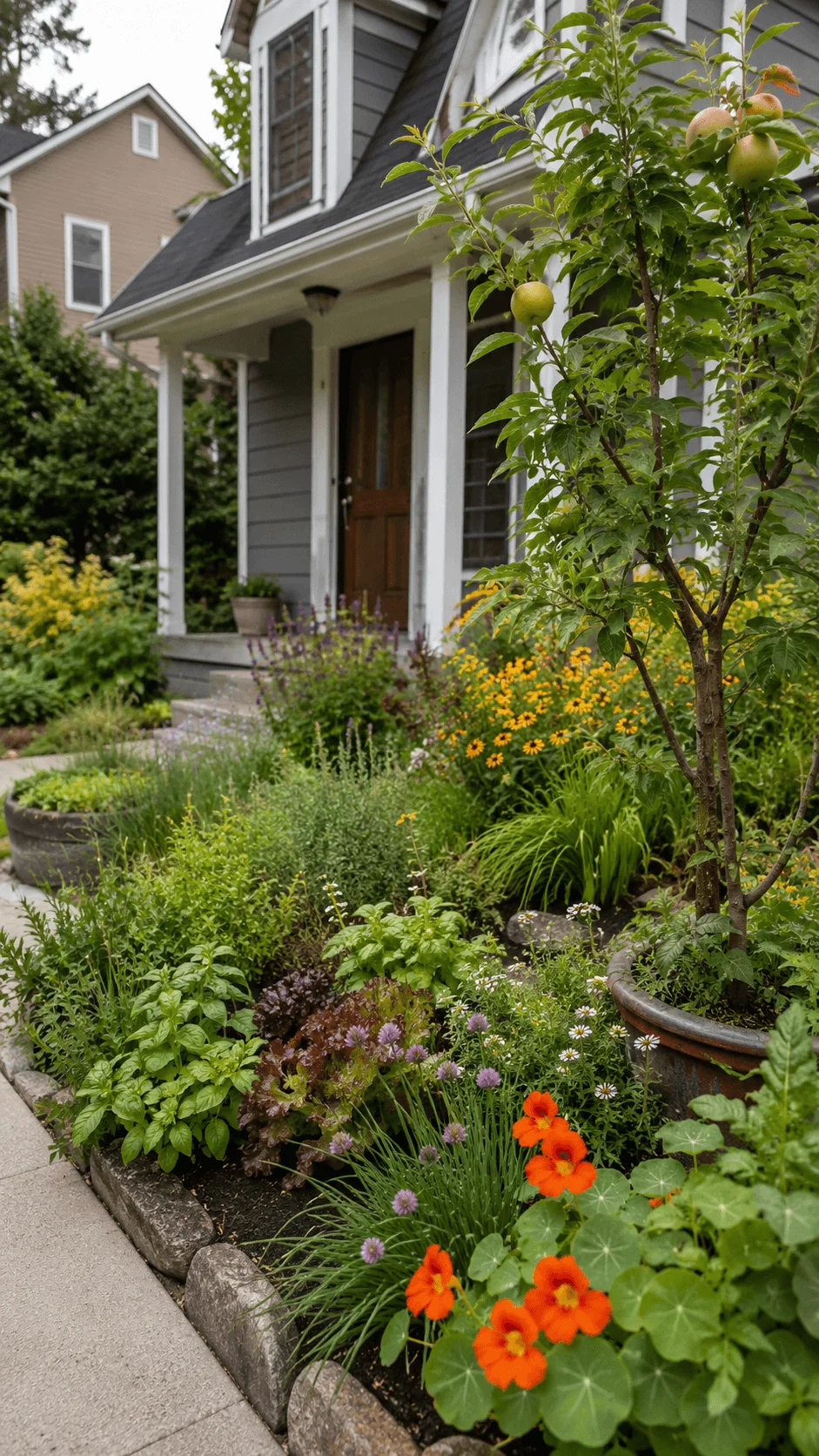 Edible front yard garden with apple tree fresh herbs leafy greens edible flowers and colorful companion plants
