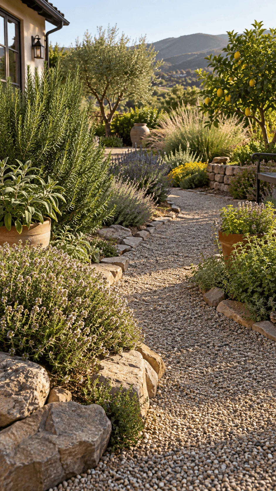 Edible xeriscape garden with drought tolerant rosemary sage thyme lavender ornamental grasses lemon tree gravel path natural stones and potted herbs