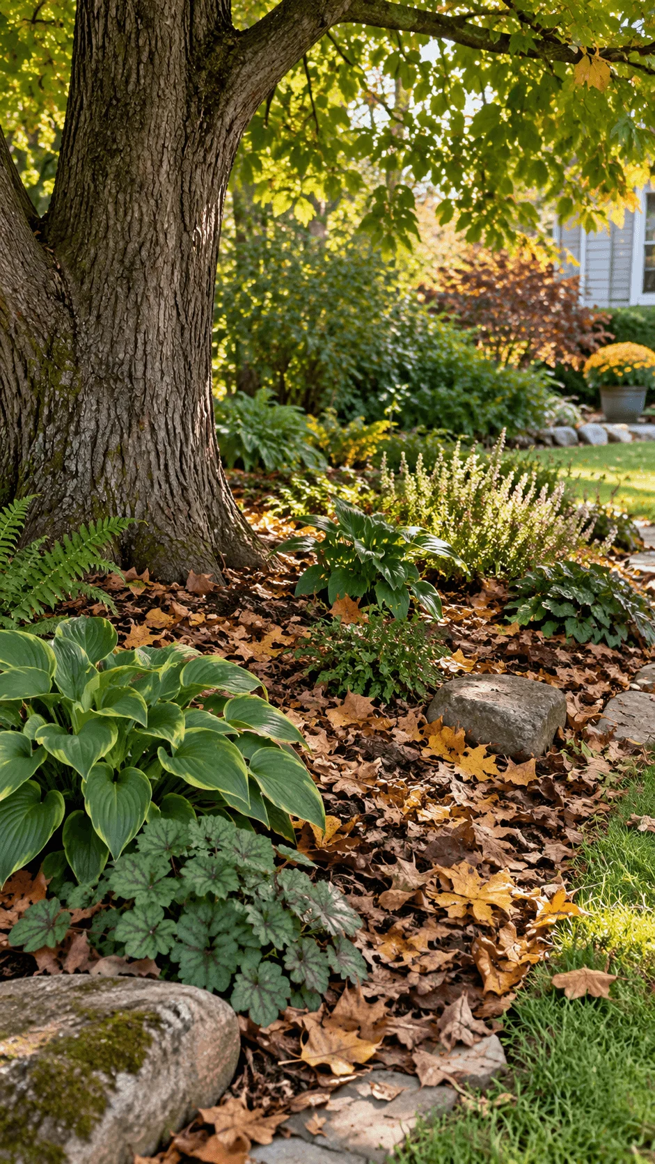 Natural woodland floor beneath a mature tree with fallen autumn leaves hostas ferns shade plants garden rocks and organic mulch