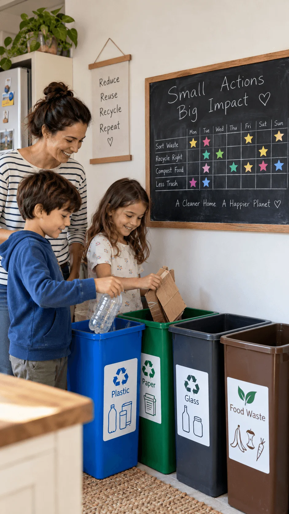 Family using a simple reward chart while children sort plastic paper glass and food waste into separate recycling bins at home