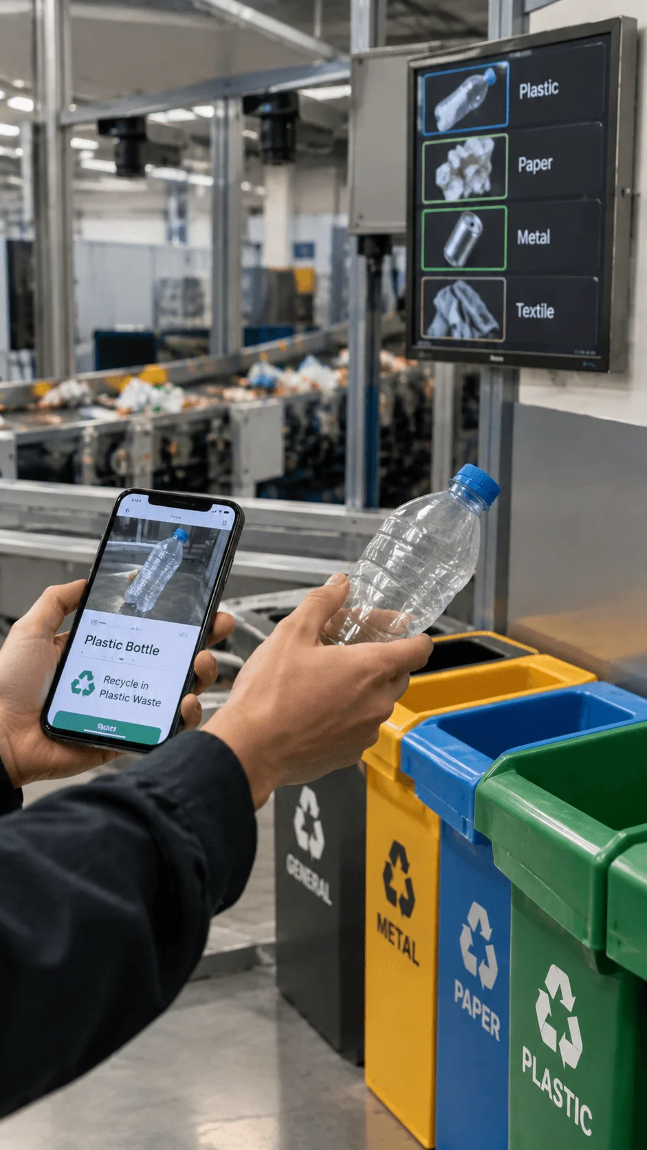 AI assisted smart waste sorting system using a smartphone to identify a plastic bottle with separate recycling bins for plastic paper metal and other materials